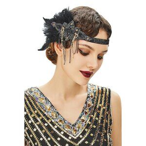 1920s Flapper Headpiece Crystal Beads Feather Headband for Gatsby Costumes